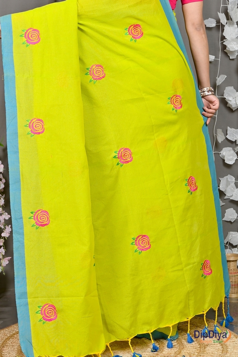 Lime Green Pure Cotton Parag Embroidery Handloom saree (211)